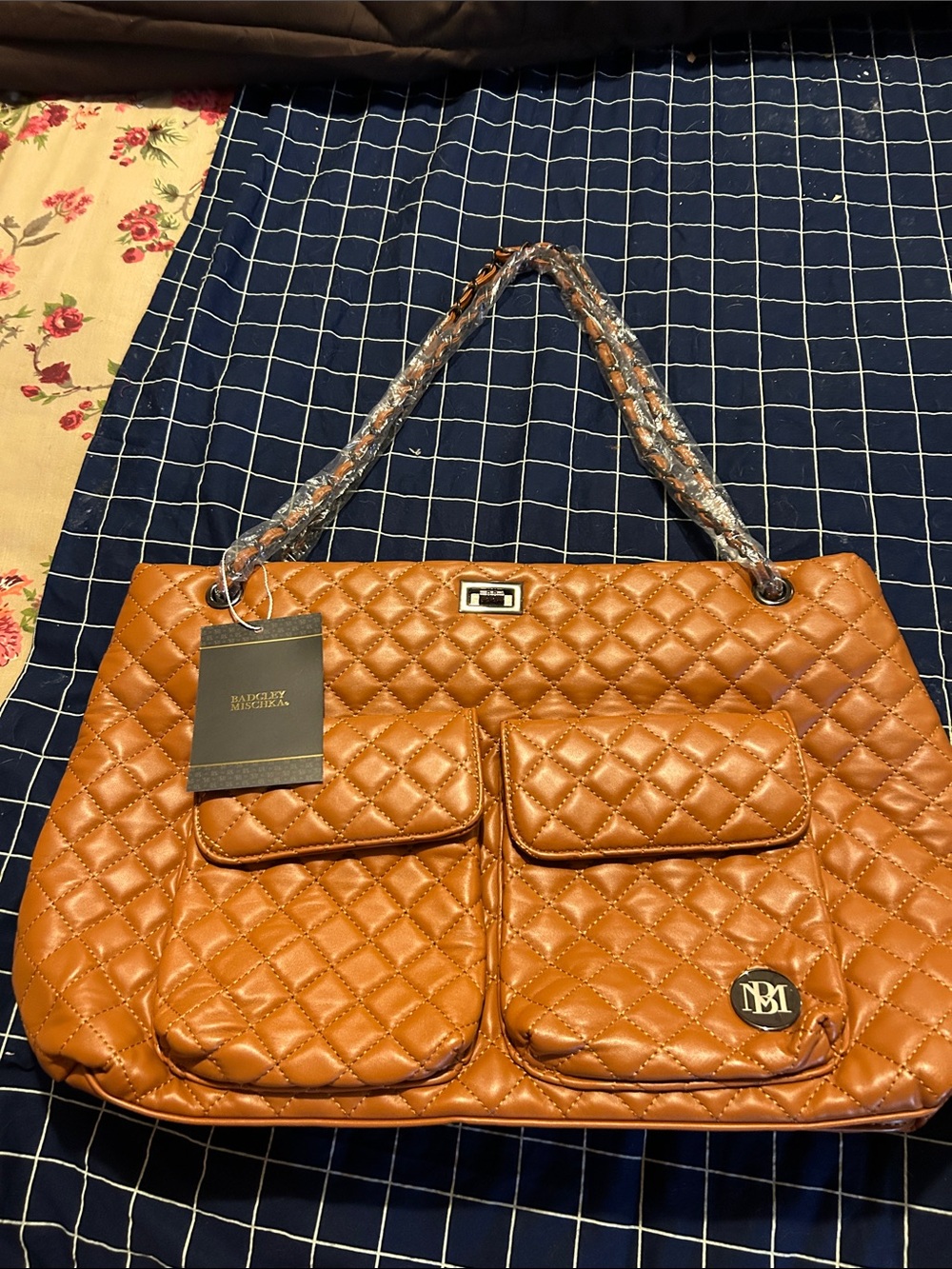 Badgley Mischka Quilted Cognac/Tan Tote with Chain-Strap